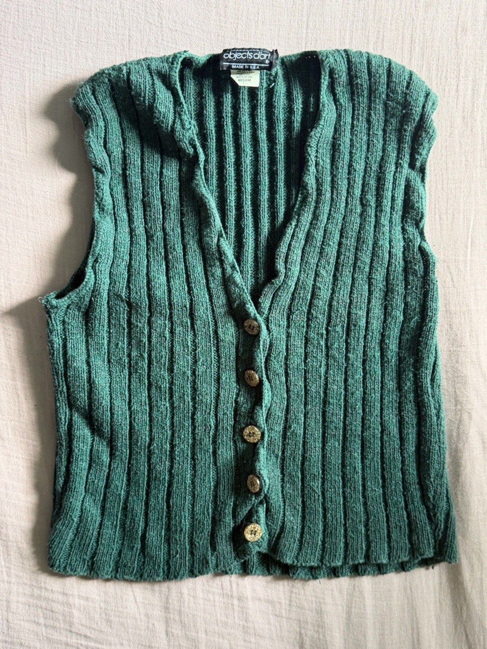 Vintage 90s Objets d’Art Green Ribbed Sweater Vest Made in USA Button Front